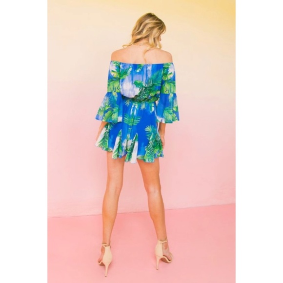 SOLD OUT Blue Green Tropical Palm Leaf Off Shoulder Romper Casual Summer - Picture 5 of 7